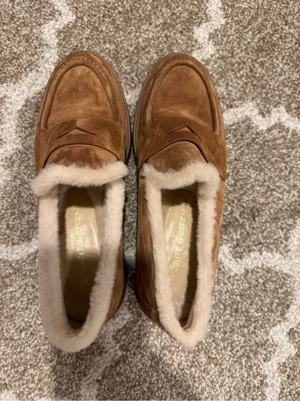 Stuart Weitzman Brown Suede Shearling-Lined Loafers